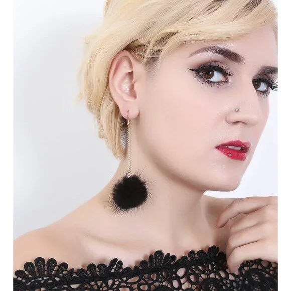Trendy Rabbit Fur Pom Pom Earrings with Stylish Gold Chain - Statement Jewelry - Picture 2 of 4